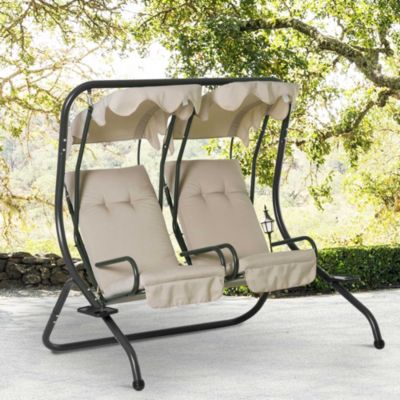 Balancelle de jardin 2 places indépendantes 2 tablettes supports coussins assise dossier grand confort acier noir polyester beige