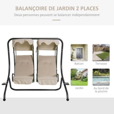 Balancelle de jardin 2 places indépendantes 2 tablettes supports coussins assise dossier grand confort acier noir polyester beige