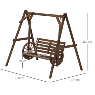 Balancelle de jardin 2 places style western - accoudoirs roues charrette - bois sapin traité carbonisation