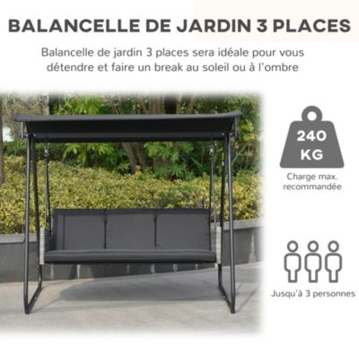 Balancelle de jardin 3 places auvent inclinaison réglable coussins assise/dossier résine tressée grise acier époxy polyester noir