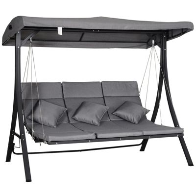 Balancelle de jardin 3 places avec coussins et toit pare-soleil réglable, charge 270 kg, Gris