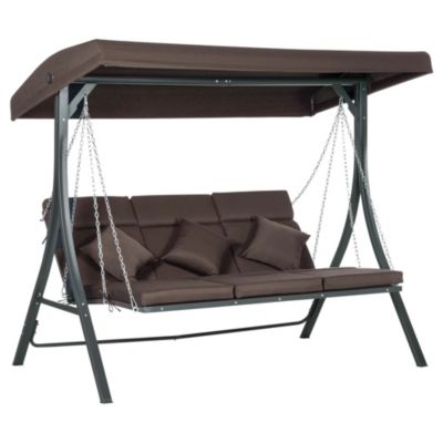 Balancelle de jardin 3 places avec coussins et toit pare-soleil réglable, structure en métal et textilène, charge 270 kg, marron