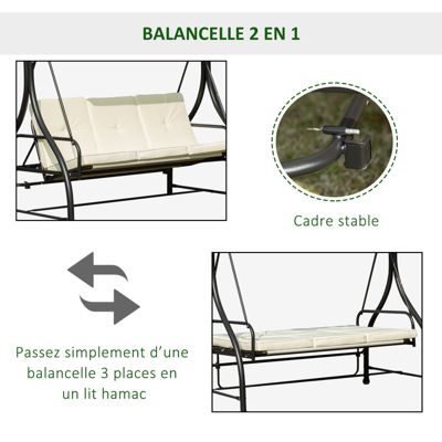 Balancelle de jardin 3 places convertible inclinaison toit réglable matelas grand confort ép. 8 cm fourni métal époxy noir crème