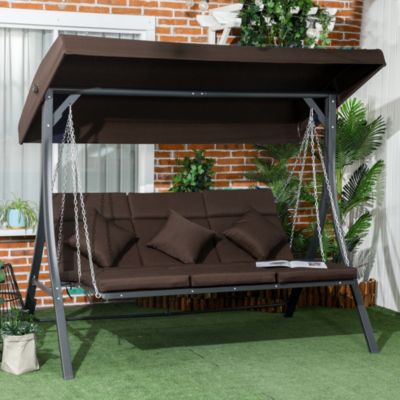 Balancelle de jardin 3 places en métal brun avec toit pare-soleil réglable