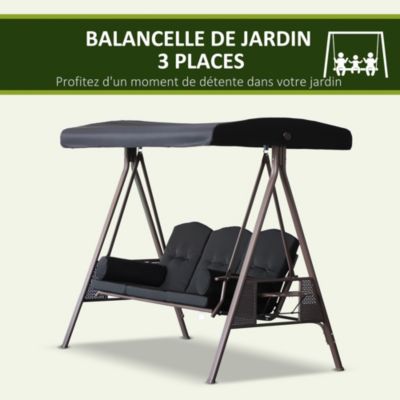 Balancelle de jardin 3 places grand confort toit inclinaison réglable coussins plateaux rétractables polyester filé noir