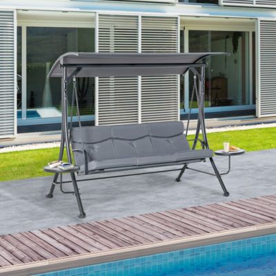 Balancelle de jardin 3 places grand confort toit inclinaison réglable épais coussins 2 tablettes polyester métal époxy gris