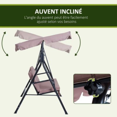 Balancelle de jardin 3 places toit inclinaison réglable coussins assise et dossier acier noir polyester marron clair