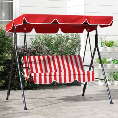 Balancelle de jardin 3 places toit inclinaison réglable coussins assise et dossier acier noir polyester rouge et blanc