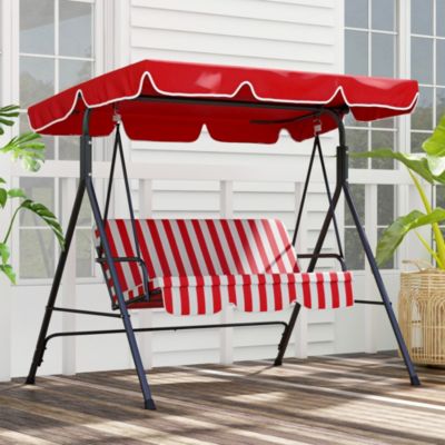 Balancelle de jardin 3 places toit inclinaison réglable coussins assise et dossier acier noir polyester rouge et blanc