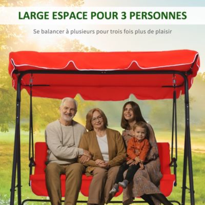 Balancelle de jardin 3 places - toit inclinaison réglable, coussins assise et dossier - acier noir polyester rouge