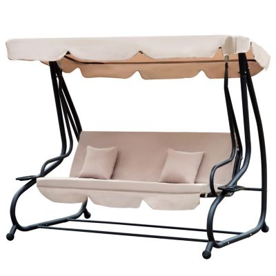 Balancelle de jardin convertible 3 places - inclinaison toit réglable - 2 tablettes - matelas - métal époxy noir polyester beige