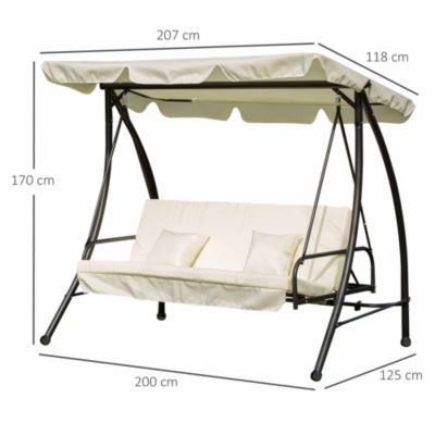 Balancelle de jardin convertible 3 places - inclinaison toit réglable, matelas et coussins fournis - métal polyester noir crème