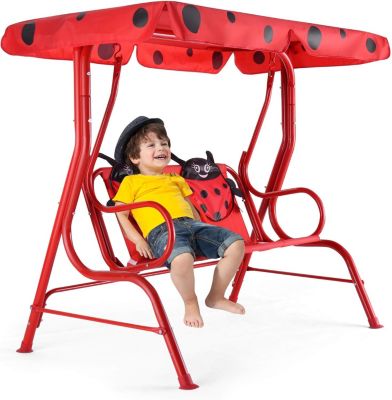 Balancelle de Jardin pour Enfant Exterieure Charge 80 KG avec 2 Places et Auvent Anti UV Deux Harnais de Securite Rouge