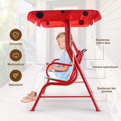 Balancelle de Jardin pour Enfant Exterieure Charge 80 KG avec 2 Places et Auvent Anti UV Deux Harnais de Securite Rouge