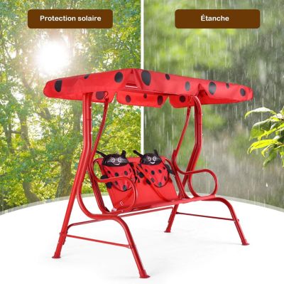 Balancelle de Jardin pour Enfant Exterieure Charge 80 KG avec 2 Places et Auvent Anti UV Deux Harnais de Securite Rouge