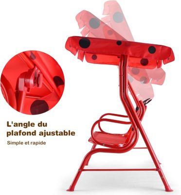 Balancelle de Jardin pour Enfant Exterieure Charge 80 KG avec 2 Places et Auvent Anti UV Deux Harnais de Securite Rouge