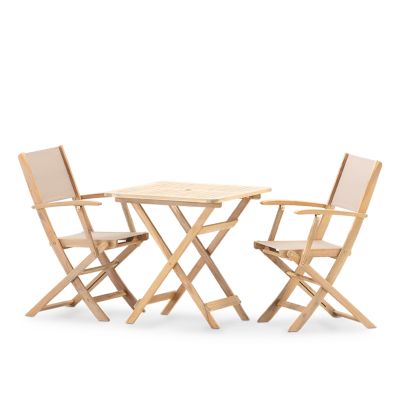 Balcon set terrasse table pliante 70x70 + 2 chaises bois et textile beige - Java Light