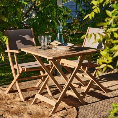 Balcon set terrasse table pliante 70x70 + 2 chaises bois et textile beige - Java Light