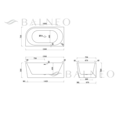 BALNEO - baignoire îlot d'angle gauche 170x80 cm AVOLA avec cache trop-plein et bonde anthracite