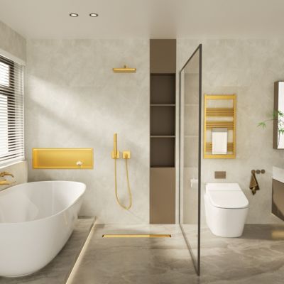 Balneo Caniveau de douche 2 en 1, en Acier Inox 80cm, finition miroir gold, avec Siphon, Duplex Next