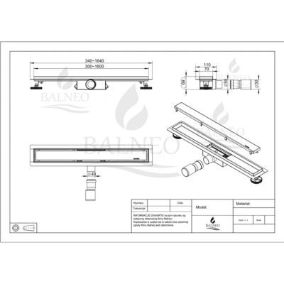 Balneo Caniveau de douche 2 en 1, en Acier Inox 80cm, finition miroir gold, avec Siphon, Duplex Next