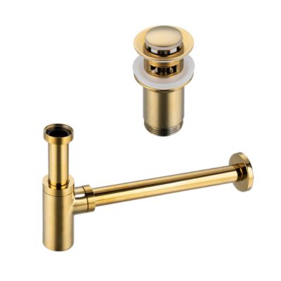 BALNEO - ensemble bonde de lavabo Klik Klak E avec trop-plein doré + siphon rond doré en laiton - kit pour lavabo