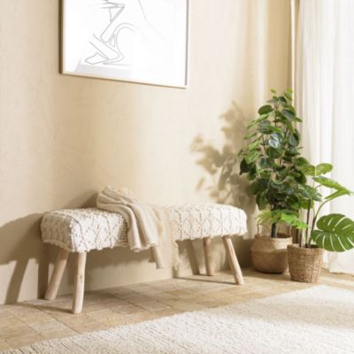 Banc 120x40cm laine motifs losanges couleur ivoire pieds bois