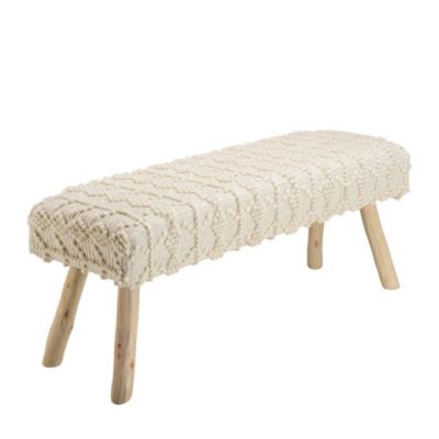 Banc 120x40cm laine motifs losanges couleur ivoire pieds bois