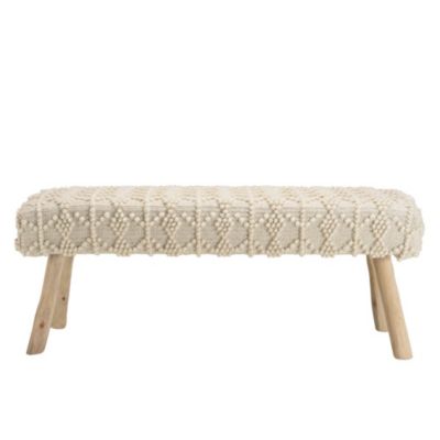 Banc 120x40cm laine motifs losanges couleur ivoire pieds bois