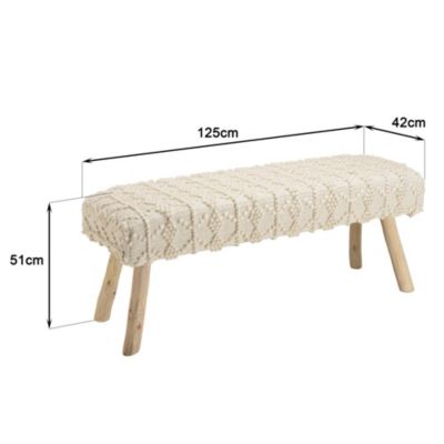 Banc 120x40cm laine motifs losanges couleur ivoire pieds bois