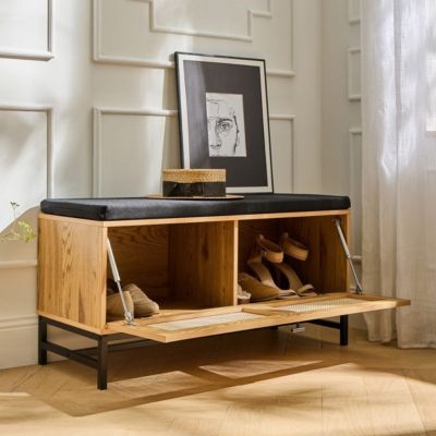Banc à Chaussures Avec Coussin Et Portes En Rotin – Dimensions 101,5 X 24 X 48 Cm – Étagères Réglables – Capacité 120 Kg – Pour Entrée, Salon