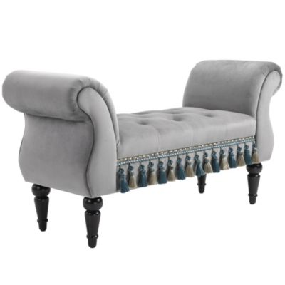 Banc banquette capitonnée design accoudoirs courbés pompons pieds bois hévéa revêtement velours gris