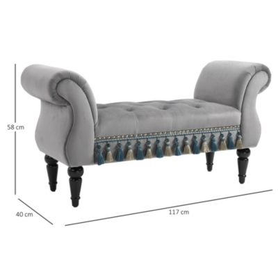 Banc banquette capitonnée design accoudoirs courbés pompons pieds bois hévéa revêtement velours gris