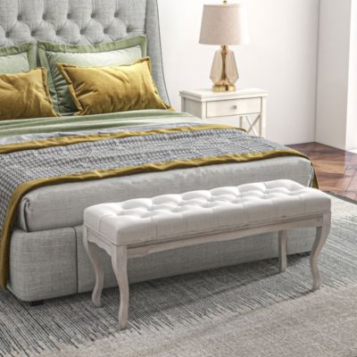 Banc banquette capitonnée style classique 110 cm bout de lit rembourré en lin piètement Bois hévéa sculpté blanc crème