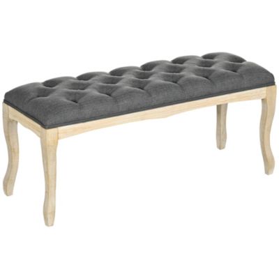 Banc banquette capitonnée style classique chic dim. 110L x 38l x 49H cm piètement bois hévéa sculpté lin gris