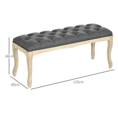 Banc banquette capitonnée style classique chic dim. 110L x 38l x 49H cm piètement bois hévéa sculpté lin gris