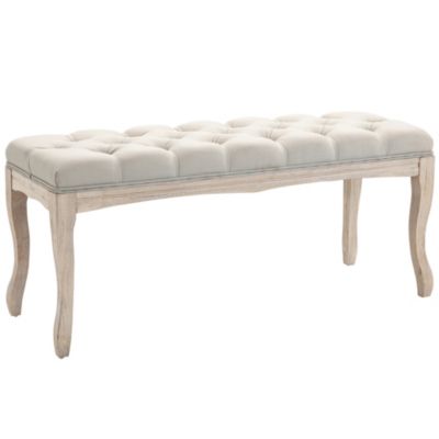 Banc banquette capitonnée style classique chic dim. 110L x 40l x 48H cm piètement bois hévéa sculpté lin beige