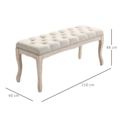 Banc banquette capitonnée style classique chic dim. 110L x 40l x 48H cm piètement bois hévéa sculpté lin beige