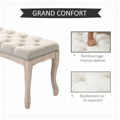 Banc banquette capitonnée style classique chic dim. 110L x 40l x 48H cm piètement bois hévéa sculpté lin beige