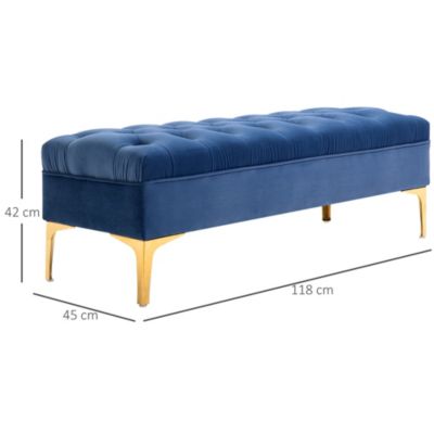 Banc banquette capitonnée style classique chic dim. 118L x 45l x 42H cm piètement métal doré velours bleu roi