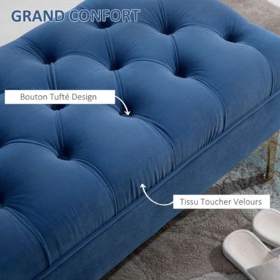 Banc banquette capitonnée style classique chic dim. 118L x 45l x 42H cm piètement métal doré velours bleu roi