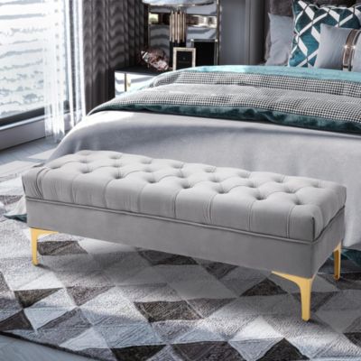 Banc banquette capitonnée style classique chic dim. 118L x 45l x 42H cm piètement métal doré velours gris clair