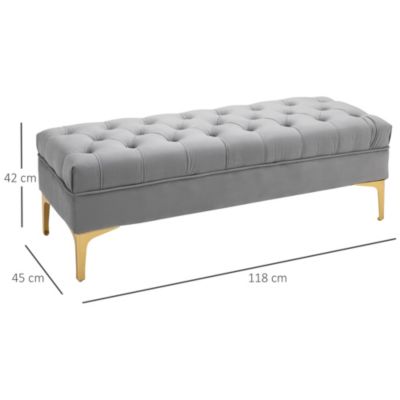 Banc banquette capitonnée style classique chic dim. 118L x 45l x 42H cm piètement métal doré velours gris clair