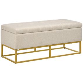 Banc banquette coffre de rangement 2 en 1 piètement acier doré assise capitonnée tissu beige