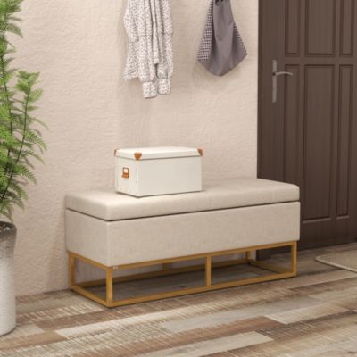 Banc banquette coffre de rangement 2 en 1 piètement acier doré assise capitonnée tissu beige