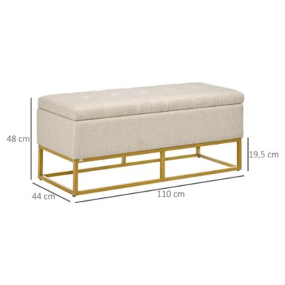 Banc banquette coffre de rangement 2 en 1 piètement acier doré assise capitonnée tissu beige