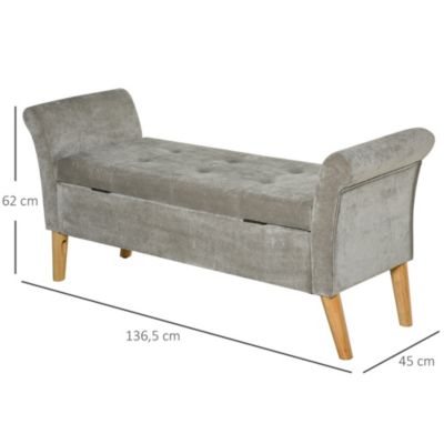 Banc Banquette Design Contemporain Accoudoirs Courbés Fonction de Rangement 2 en 1 136,5 x 45lx 62 cm Gris