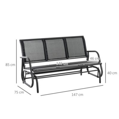 Banc à bascule de jardin 3 places design contemporain grand confort accoudoirs assise et dossier ergonomique acier textilène noir