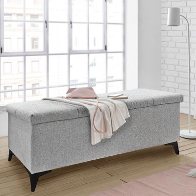 Banc - Bout de lit avec coffre de rangement tissu gris chiné - AISHA