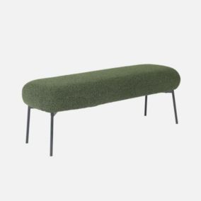 Banc. bout de lit avec revêtement bouclette texturée. kaki. pieds en métal noir. L 120 x P 41 x H 42.5cm